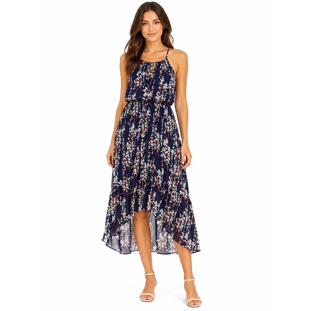 ECOWISH Navy Blue Red White Floral Midi Dress Spaghetti Strap L